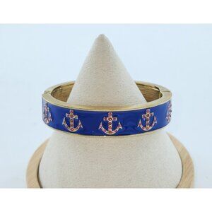 Betsey Johnson Gold Tone Hinged Bracelet Blue Enamel Pink Stones Anchor Nautical